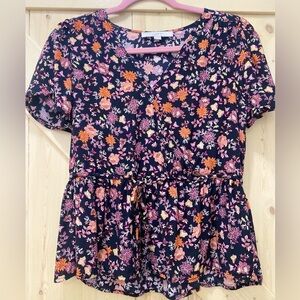 ❤️❤️LOFT Floral Black w/Pink & Orange Clinched Tie Waist V-Neck Blouse